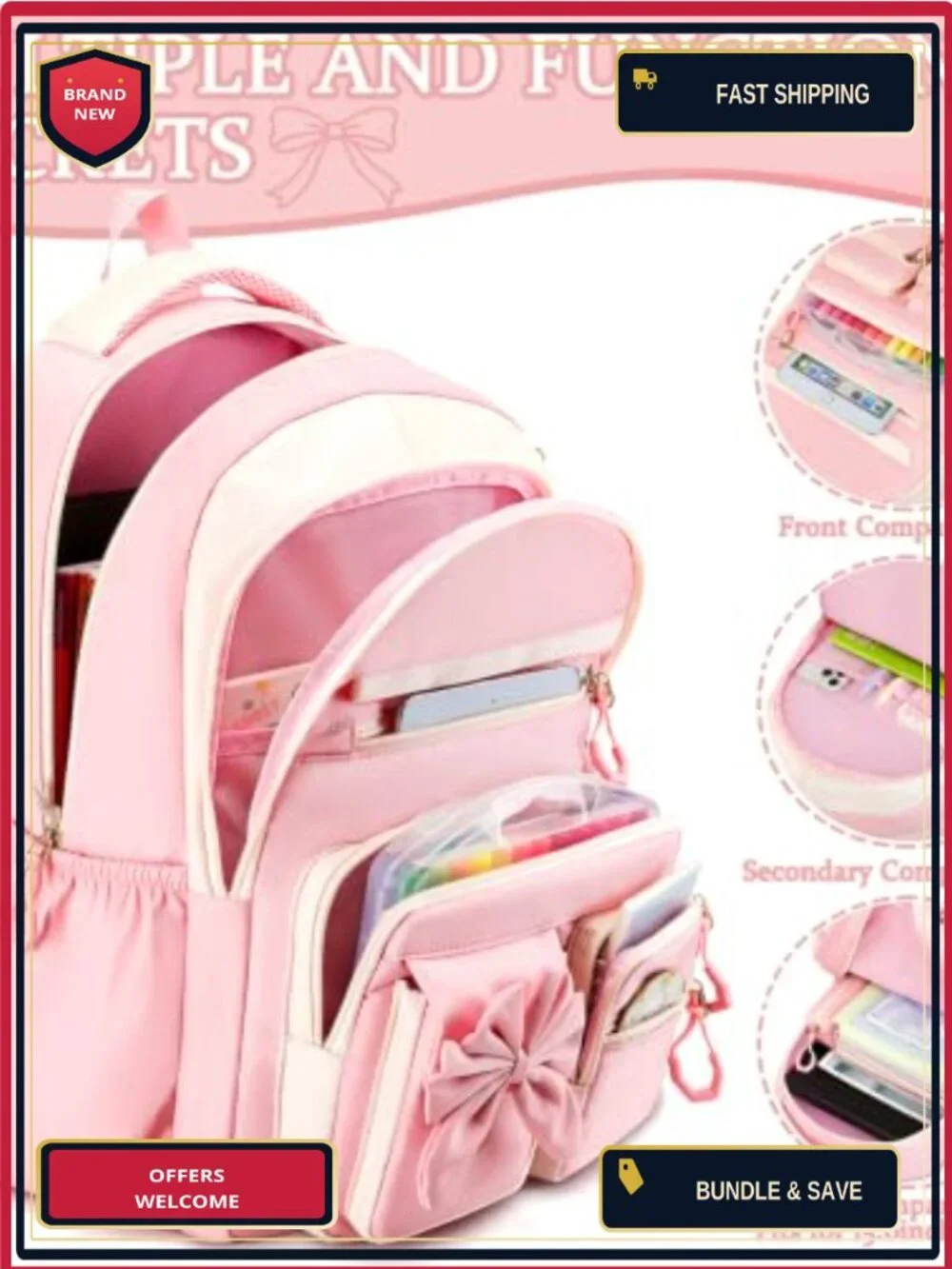 Girls Backpack Set with Lunch Box and Pencil Case, Waterproof Nylon, for School